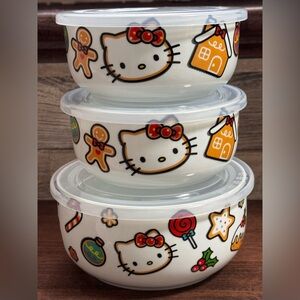 Cute 🥰 Hello Kitty Christmas Food Contains Ceramic  and plastic lid set of 3 - …